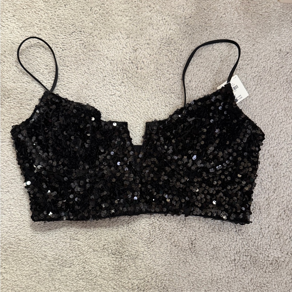 Anthropologie Black Sequin Crop Top